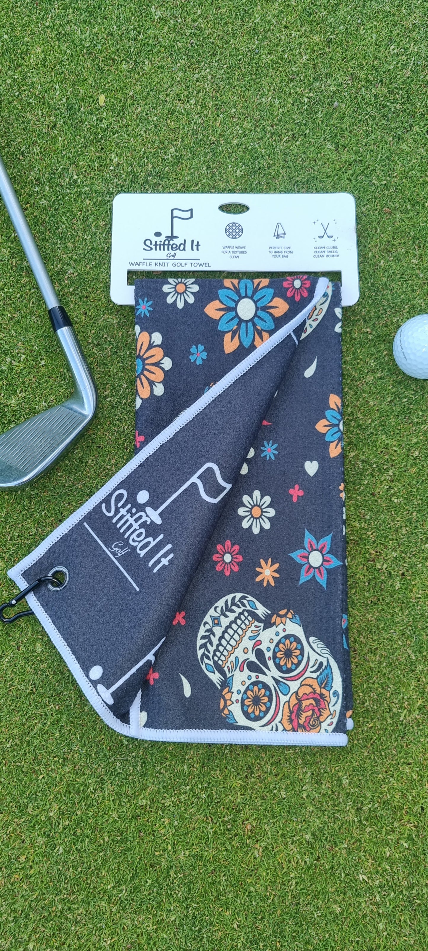 Personalised Stiffed It Golf - "Skull Caddie"  Waffle Golf Towel