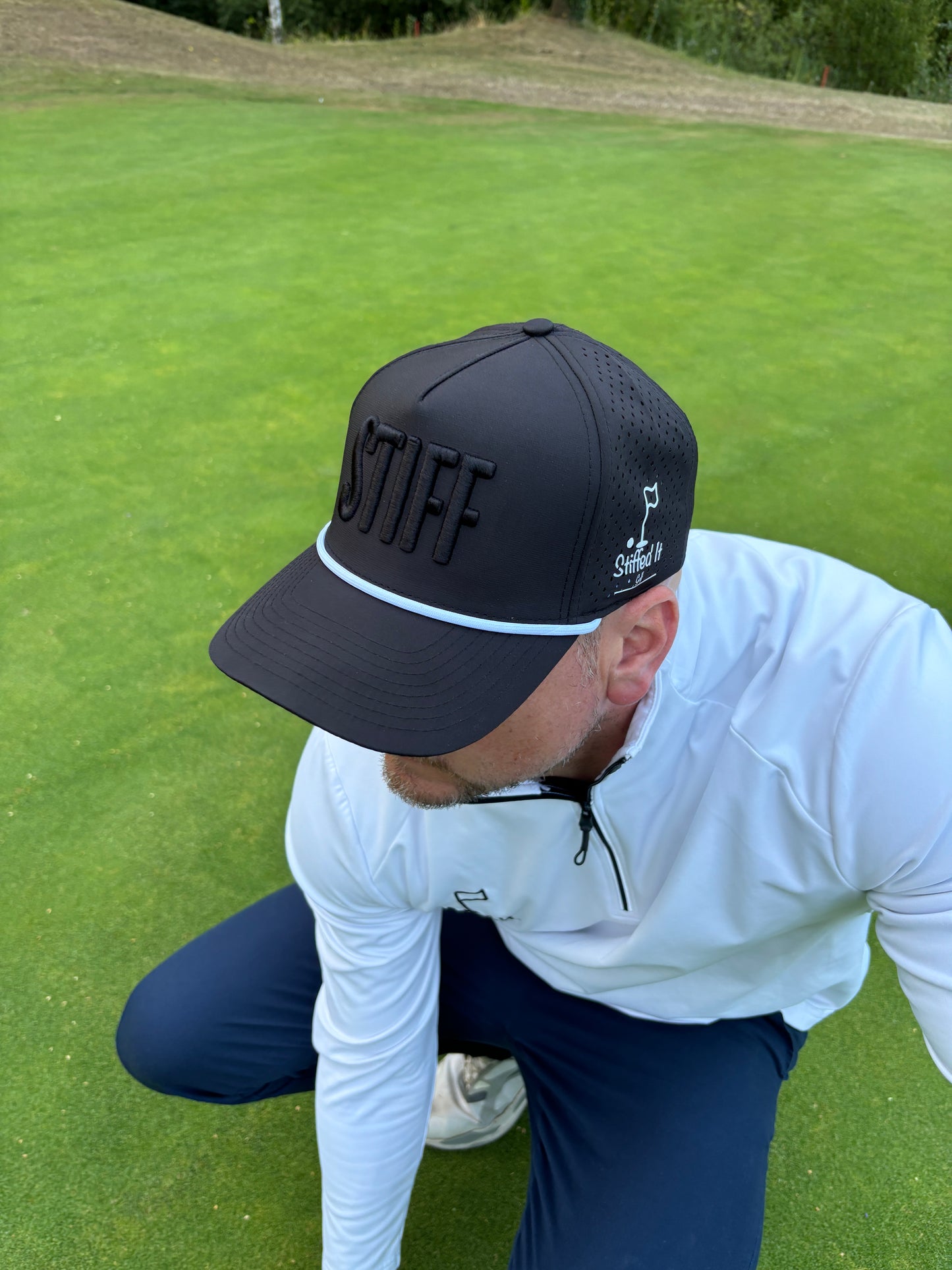 Stiffed It Golf ‘STIFF’ baseball hat. Black on black.